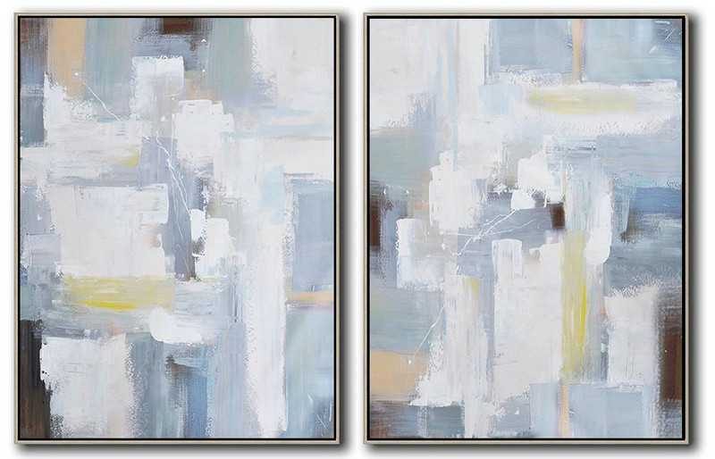 Extra Large Canvas Art,Set Of 2 Contemporary Art On Canvas,Extra Large Canvas Art,Handmade Acrylic Painting Grey,White,Brown,Blue